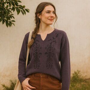 Serengeti Embroidered Wool Sweater Womens XL Purple Pullover Artisan Boho Top